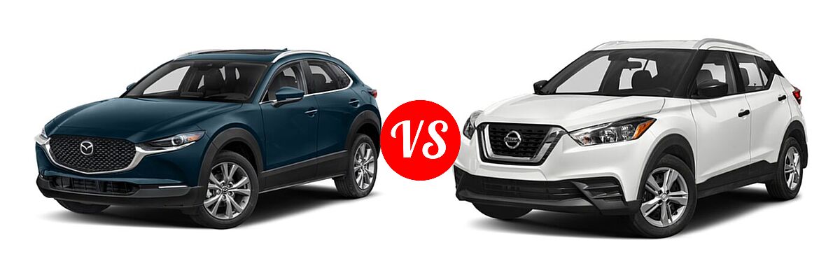 2020 Mazda CX-30 SUV Premium Package vs. 2020 Nissan Kicks SUV S / SV - Front Left Comparison