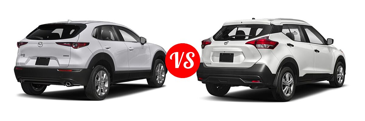 2020 Mazda CX-30 SUV Preferred Package vs. 2020 Nissan Kicks SUV S / SV - Rear Right Comparison