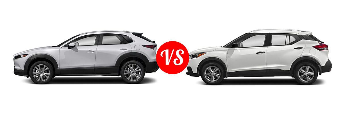 2020 Mazda CX-30 SUV Preferred Package vs. 2020 Nissan Kicks SUV S / SV - Side Comparison
