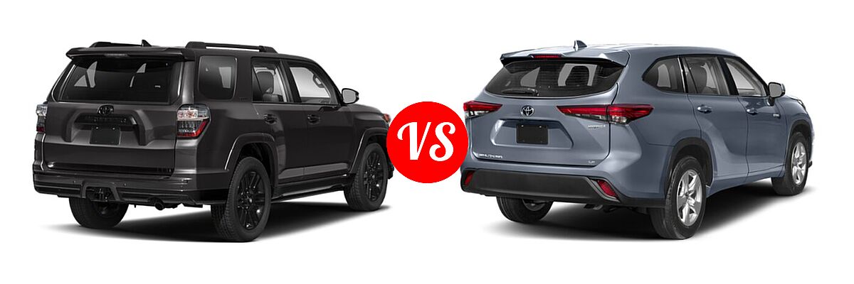 2020 Toyota 4Runner SUV Nightshade vs. 2020 Toyota Highlander Hybrid SUV Hybrid Hybrid LE / Hybrid XLE - Rear Right Comparison