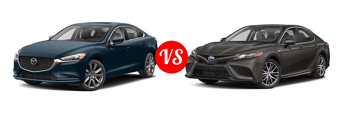2021 Mazda 6 Sedan Grand Touring vs. 2021 Toyota Camry Hybrid Sedan Hybrid Hybrid SE - Front Left Comparison