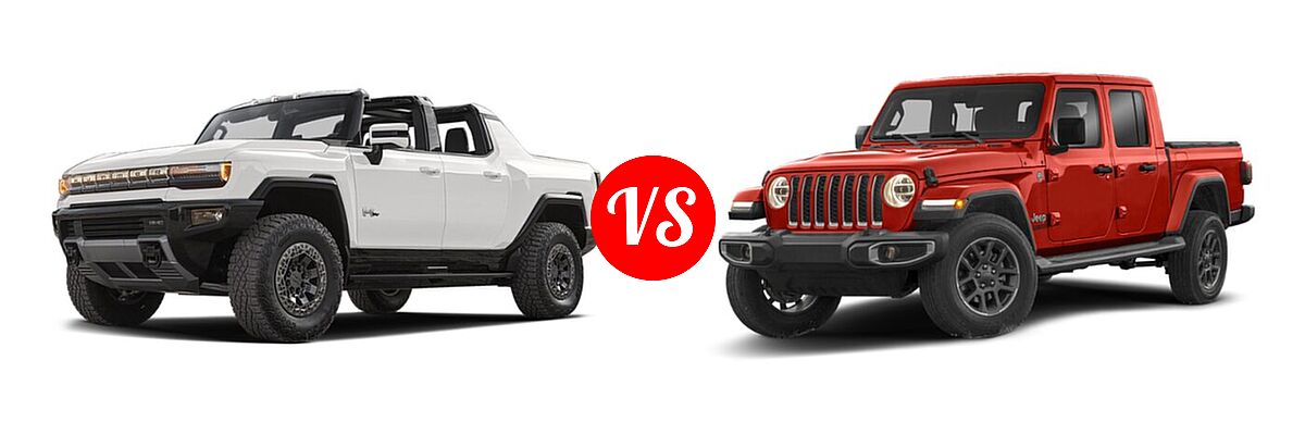 2022 GMC HUMMER EV Pickup Electric Edition 1 vs. 2022 Jeep Gladiator Pickup Altitude / High Altitude / Mojave / Overland / Rubicon / Sport / Sport S / Texas Trail / Willys / Willys Sport - Front Left Comparison