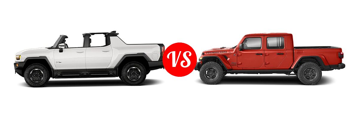 2022 GMC HUMMER EV Pickup Electric Edition 1 vs. 2022 Jeep Gladiator Pickup Altitude / High Altitude / Mojave / Overland / Rubicon / Sport / Sport S / Texas Trail / Willys / Willys Sport - Side Comparison