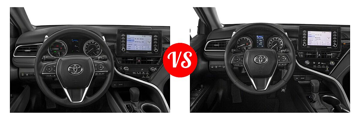 2021 Toyota Camry Hybrid Sedan Hybrid Hybrid LE vs. 2021 Toyota Camry Sedan SE Nightshade - Dashboard Comparison