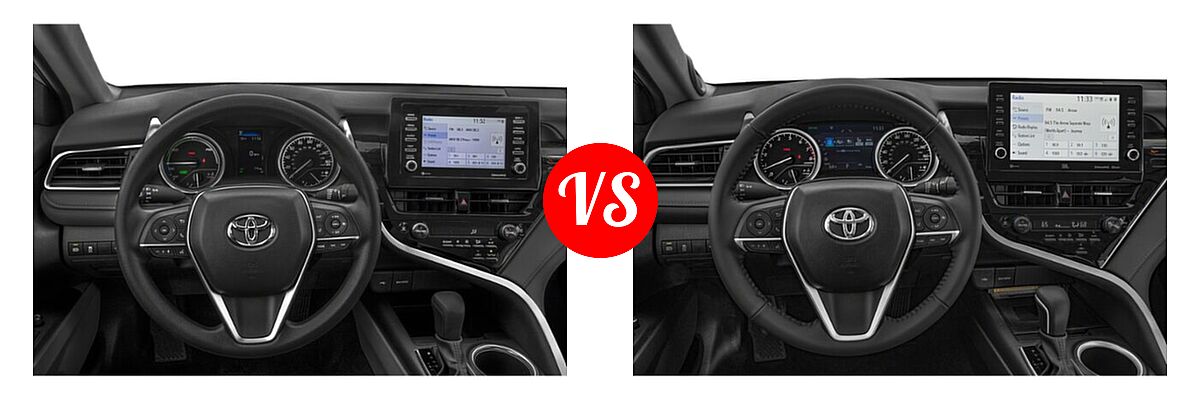 2021 Toyota Camry Hybrid Sedan Hybrid Hybrid LE vs. 2021 Toyota Camry Sedan XLE / XLE V6 - Dashboard Comparison