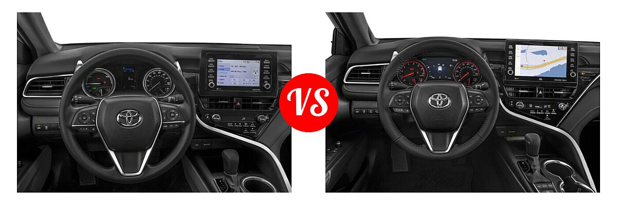 2021 Toyota Camry Hybrid Sedan Hybrid Hybrid LE vs. 2021 Toyota Camry Sedan XSE / XSE V6 - Dashboard Comparison