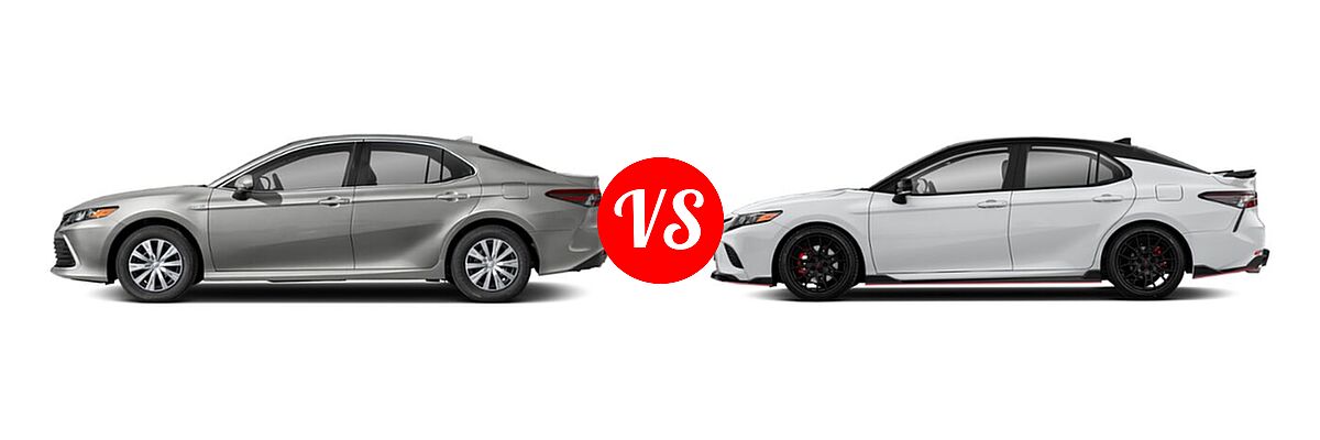 2021 Toyota Camry Hybrid Sedan Hybrid Hybrid LE vs. 2021 Toyota Camry Sedan TRD V6 - Side Comparison