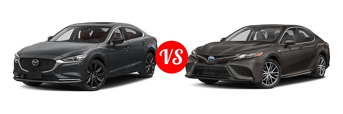 2021 Mazda 6 Sedan Carbon Edition vs. 2021 Toyota Camry Hybrid Sedan Hybrid Hybrid SE - Front Left Comparison