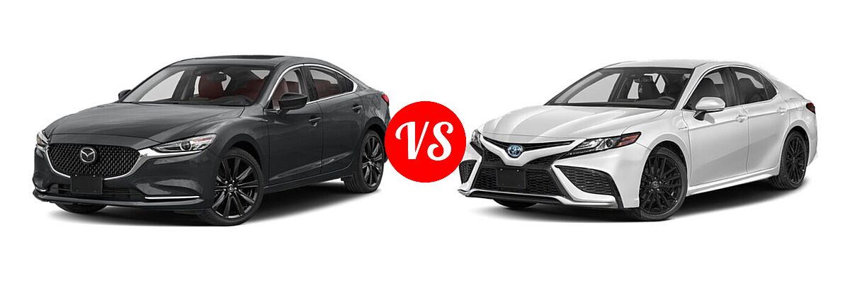 2021 Mazda 6 Sedan Carbon Edition vs. 2021 Toyota Camry Hybrid Sedan Hybrid Hybrid XSE - Front Left Comparison