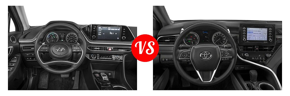 2021 Hyundai Sonata Hybrid Sedan Hybrid SEL vs. 2021 Toyota Camry Hybrid Sedan Hybrid Hybrid XLE - Dashboard Comparison
