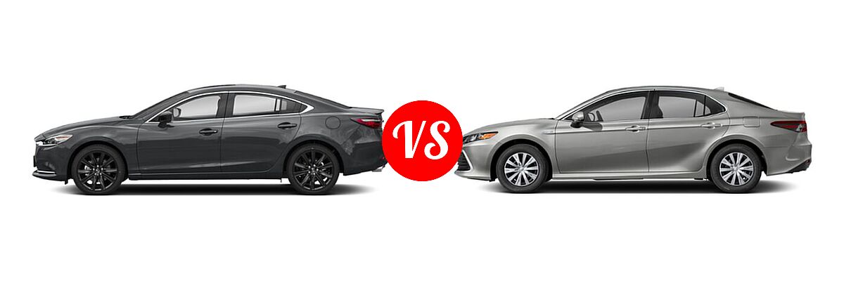 2021 Mazda 6 Sedan Carbon Edition vs. 2021 Toyota Camry Hybrid Sedan Hybrid Hybrid LE - Side Comparison