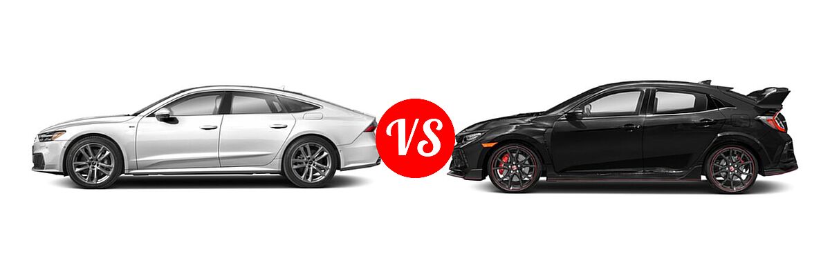 2021 Audi A7 e Hatchback PHEV Premium Plus / Prestige vs. 2021 Honda Civic Type R Hatchback Touring - Side Comparison