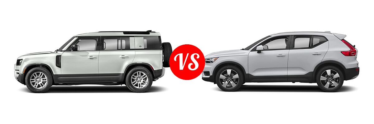 2021 Land Rover Defender 110 SUV 110 AWD / S / SE / X / X-Dynamic HSE / X-Dynamic SE vs. 2019 Volvo XC40 SUV Momentum / R-Design - Side Comparison
