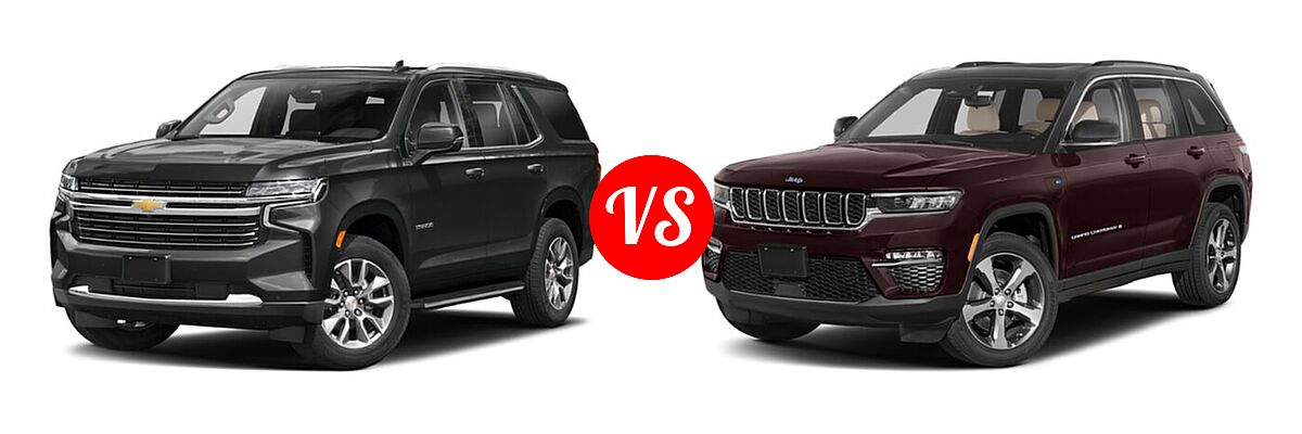 2022 Chevrolet Tahoe SUV High Country vs. 2022 Jeep Grand Cherokee 4xe SUV PHEV Overland / Summit / Summit Reserve - Front Left Comparison
