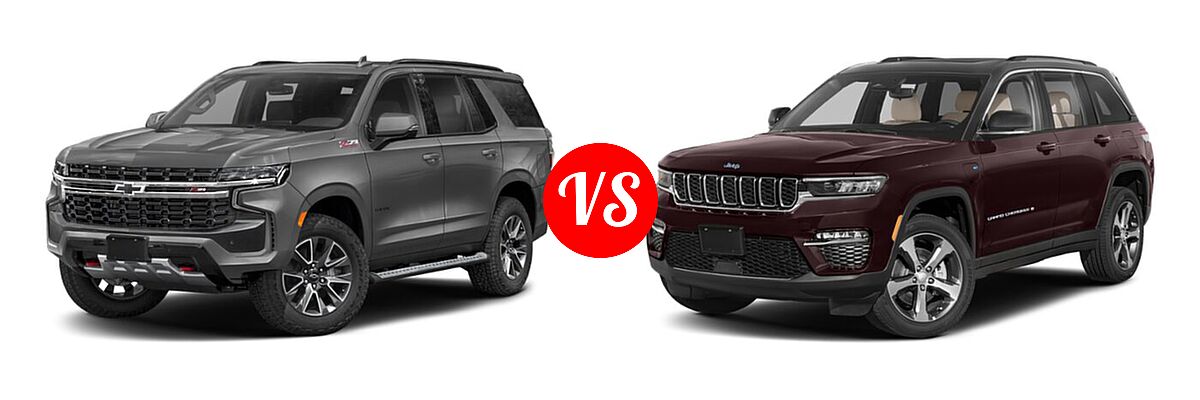 2022 Chevrolet Tahoe SUV LT vs. 2022 Jeep Grand Cherokee 4xe SUV PHEV Overland / Summit / Summit Reserve - Front Left Comparison