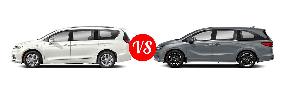 2022 Chrysler Pacifica Hybrid Minivan PHEV Hybrid Limited / Hybrid Pinnacle / Hybrid Touring L vs. 2022 Honda Odyssey Minivan Elite - Side Comparison