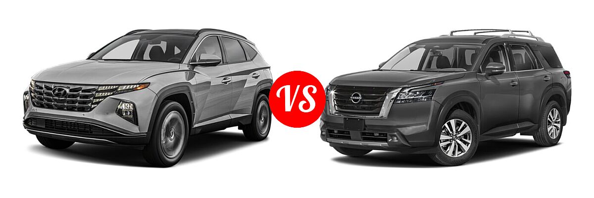 2022 Hyundai Tucson SUV PHEV Limited / SEL vs. 2022 Nissan Pathfinder SUV SL - Front Left Comparison