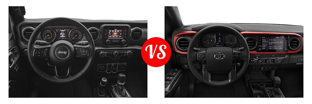 2022 Jeep Gladiator Pickup Altitude / Sport / Sport S / Texas Trail / Willys / Willys Sport vs. 2022 Toyota Tacoma Pickup TRD Sport - Dashboard Comparison