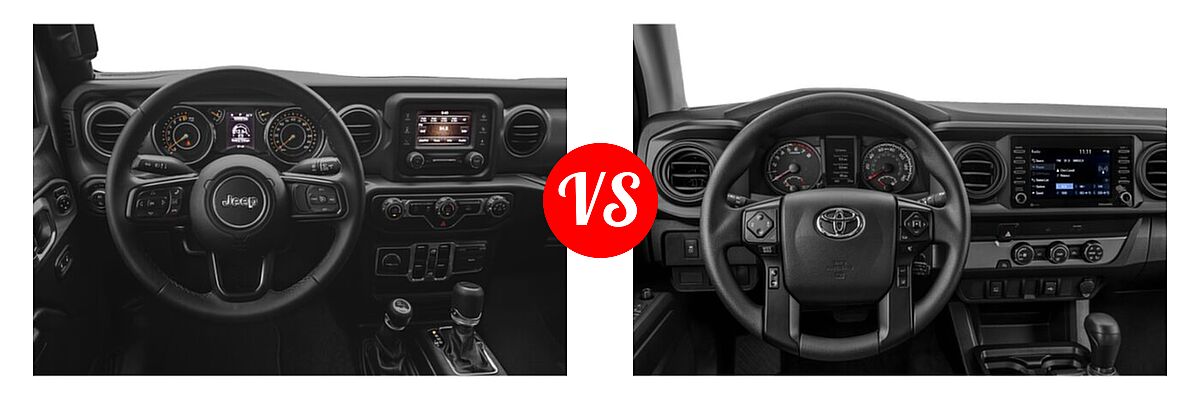2022 Jeep Gladiator Pickup Altitude / Sport / Sport S / Texas Trail / Willys / Willys Sport vs. 2022 Toyota Tacoma Pickup SR - Dashboard Comparison
