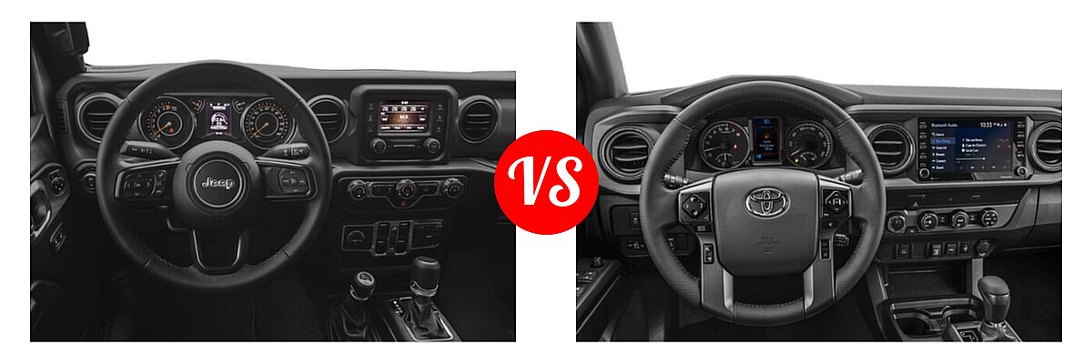 2022 Jeep Gladiator Pickup Altitude / Sport / Sport S / Texas Trail / Willys / Willys Sport vs. 2022 Toyota Tacoma Pickup TRD Off Road - Dashboard Comparison