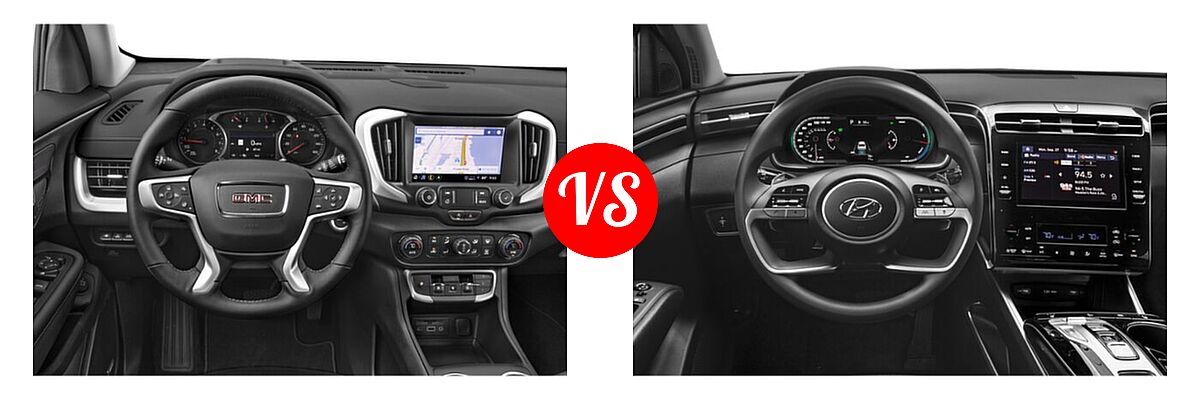 2022 GMC Terrain SUV AT4 / Denali / SLE / SLT vs. 2022 Hyundai Tucson SUV Hybrid Blue - Dashboard Comparison