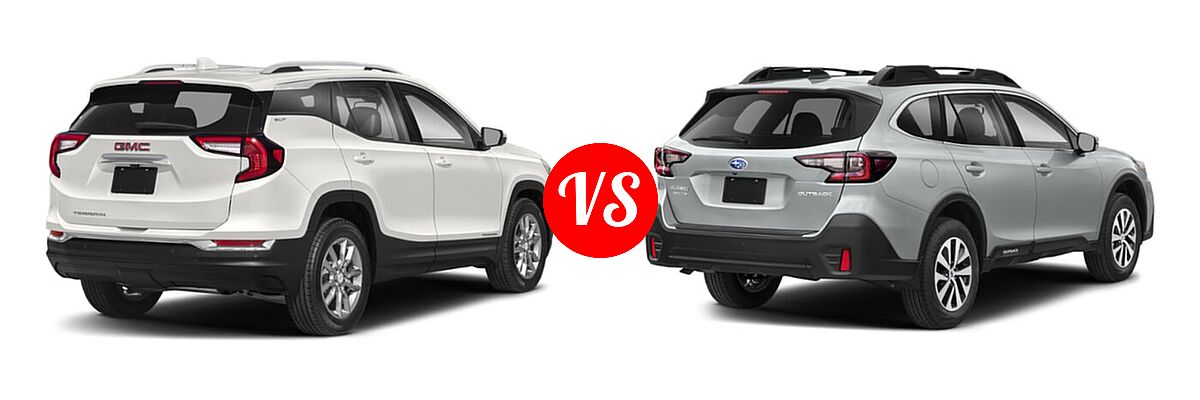 2022 GMC Terrain SUV AT4 / Denali / SLE / SLT vs. 2022 Subaru Outback SUV Premium - Rear Right Comparison
