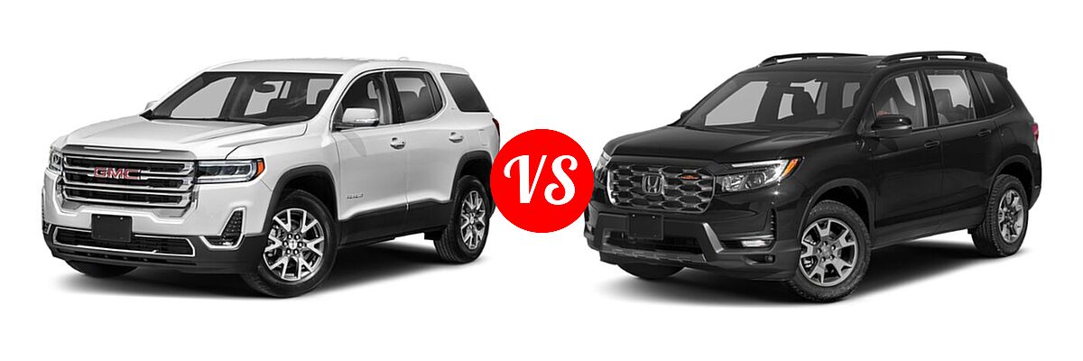 2022 GMC Acadia SUV AT4 / SLE / SLT vs. 2022 Honda Passport SUV TrailSport - Front Left Comparison