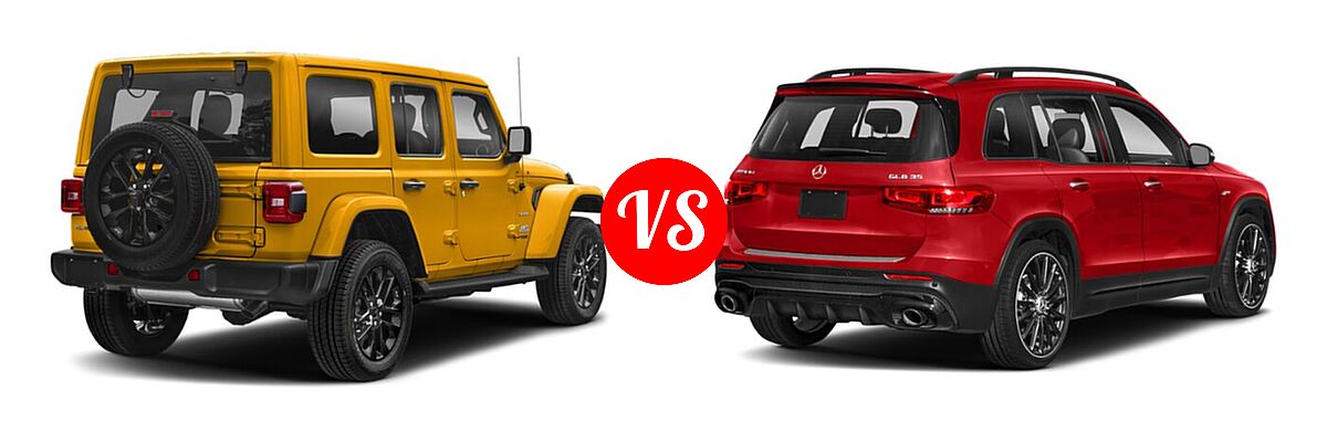 2021 Jeep Wrangler Unlimited SUV PHEV Unlimited Rubicon / Unlimited Sahara / Unlimited Sahara High Altitude vs. 2021 Mercedes-Benz GLB-Class 35 AMG SUV AMG GLB 35 - Rear Right Comparison