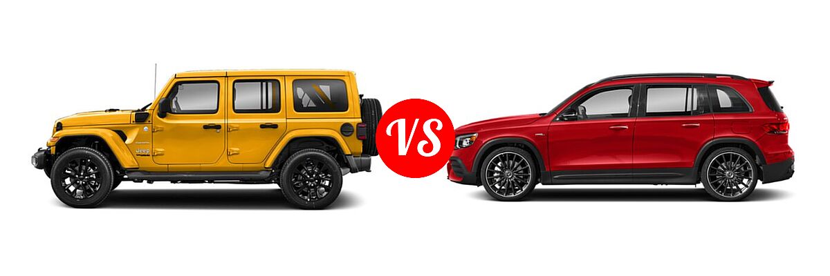 2021 Jeep Wrangler Unlimited SUV PHEV Unlimited Rubicon / Unlimited Sahara / Unlimited Sahara High Altitude vs. 2021 Mercedes-Benz GLB-Class 35 AMG SUV AMG GLB 35 - Side Comparison