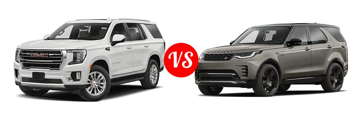 2021 GMC Yukon SUV Denali / SLE vs. 2021 Land Rover Discovery SUV HSE R-Dynamic / S / S R-Dynamic - Front Left Comparison