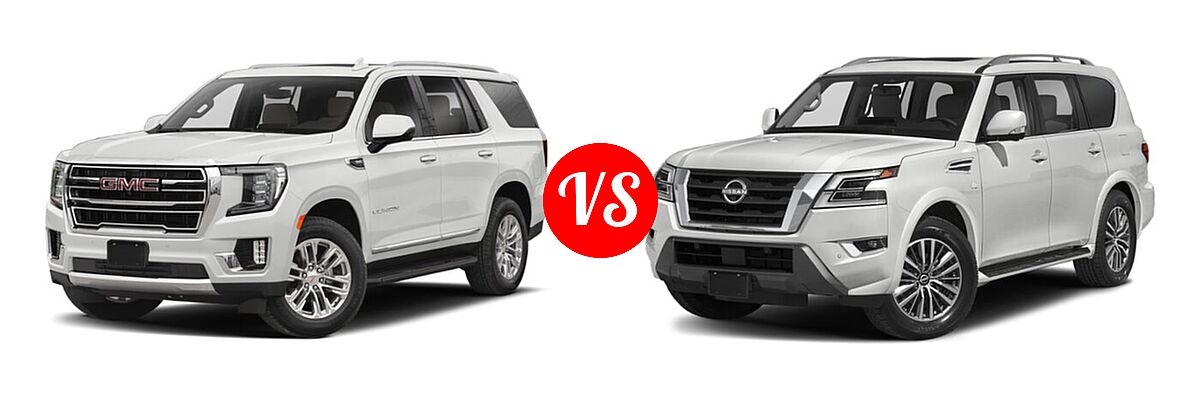 2021 GMC Yukon SUV Denali / SLE vs. 2021 Nissan Armada SUV SL - Front Left Comparison