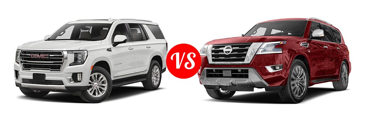 2021 GMC Yukon SUV Denali / SLE vs. 2021 Nissan Armada SUV Platinum / S / SV - Front Left Comparison