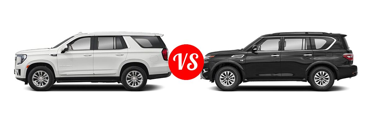 2021 GMC Yukon SUV Denali / SLE vs. 2021 Nissan Armada SUV Platinum / S / SV - Side Comparison