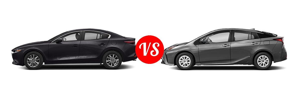 2022 Mazda 3 Hatchback 2.5 S vs. 2022 Toyota Prius Hatchback Hybrid L Eco / LE / XLE - Side Comparison