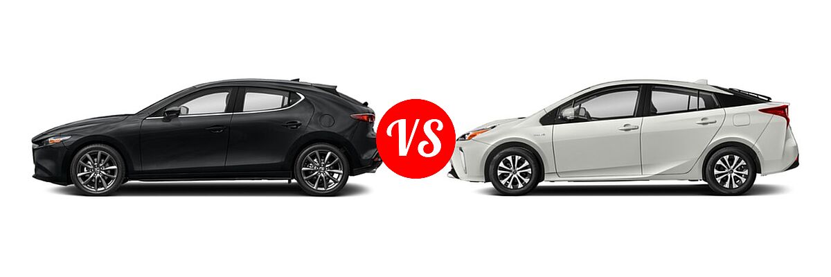 2022 Mazda 3 Hatchback Preferred vs. 2022 Toyota Prius Hatchback Hybrid LE / XLE - Side Comparison