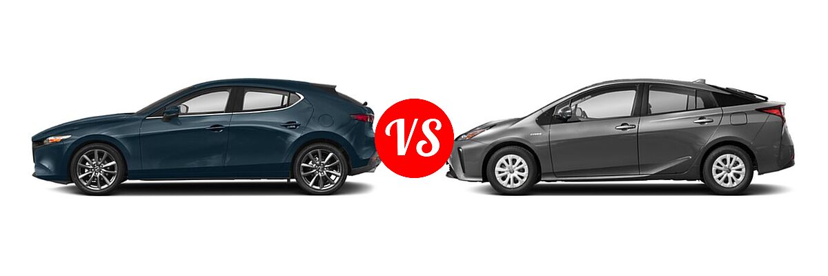 2022 Mazda 3 Hatchback Select vs. 2022 Toyota Prius Hatchback Hybrid L Eco / LE / XLE - Side Comparison