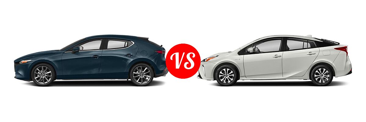 2022 Mazda 3 Hatchback Select vs. 2022 Toyota Prius Hatchback Hybrid Nightshade - Side Comparison