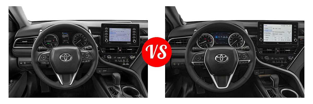 2021 Toyota Camry Hybrid Sedan Hybrid Hybrid SE vs. 2021 Toyota Camry Sedan XLE / XLE V6 - Dashboard Comparison