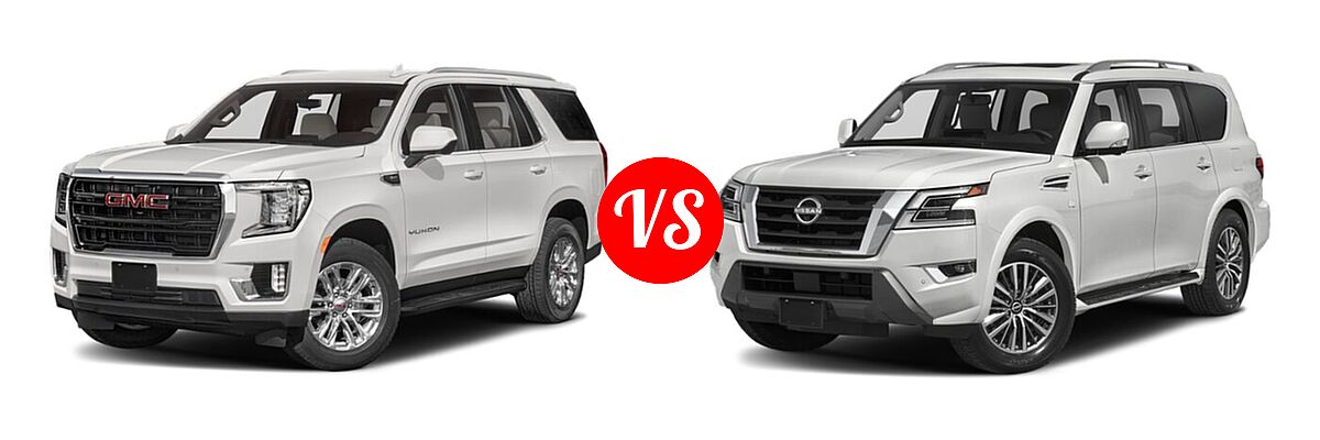 2021 GMC Yukon SUV AT4 / Denali / SLE vs. 2021 Nissan Armada SUV SL - Front Left Comparison