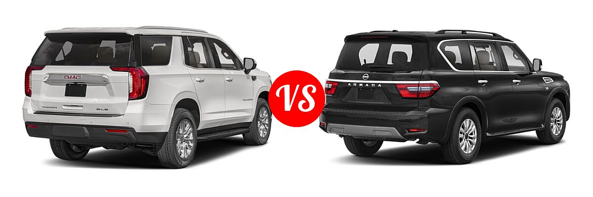 2021 GMC Yukon SUV AT4 / Denali / SLE vs. 2021 Nissan Armada SUV Platinum / S / SV - Rear Right Comparison