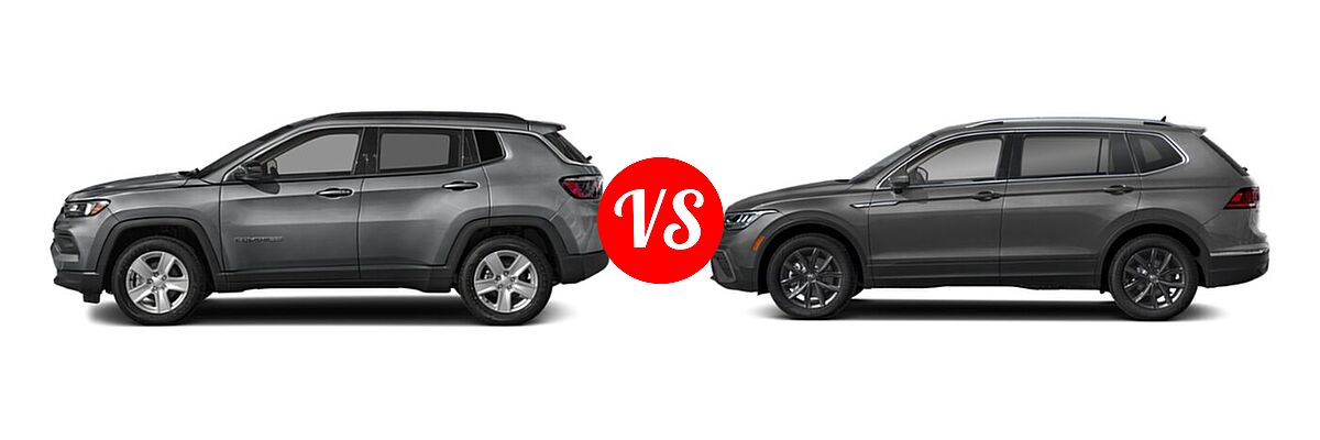 2022 Jeep Compass SUV (RED) Edition / High Altitude / Latitude / Latitude Lux / Limited / Sport / Trailhawk vs. 2022 Volkswagen Tiguan SUV SE - Side Comparison