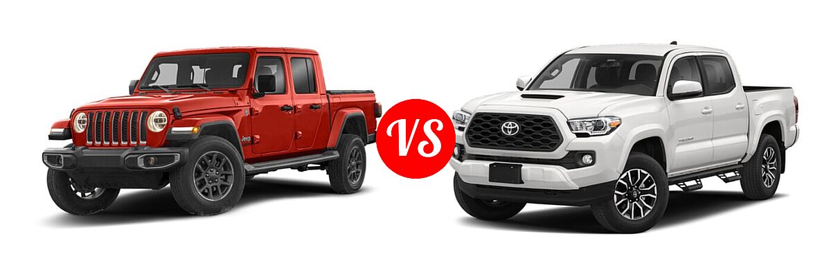 2022 Jeep Gladiator Pickup Altitude / High Altitude / Mojave / Overland / Rubicon / Sport / Sport S / Texas Trail / Willys / Willys Sport vs. 2022 Toyota Tacoma Pickup TRD Sport - Front Left Comparison