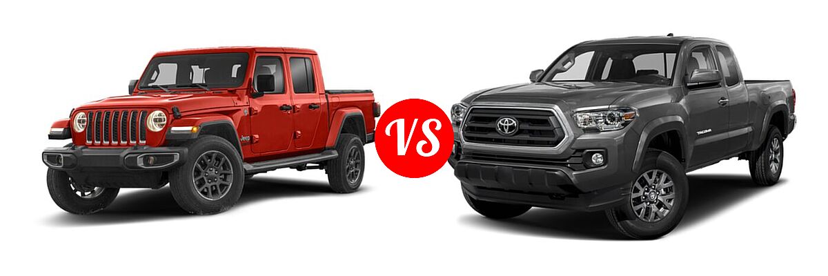 2022 Jeep Gladiator Pickup Altitude / High Altitude / Mojave / Overland / Rubicon / Sport / Sport S / Texas Trail / Willys / Willys Sport vs. 2022 Toyota Tacoma Pickup SR / SR5 / TRD Sport - Front Left Comparison