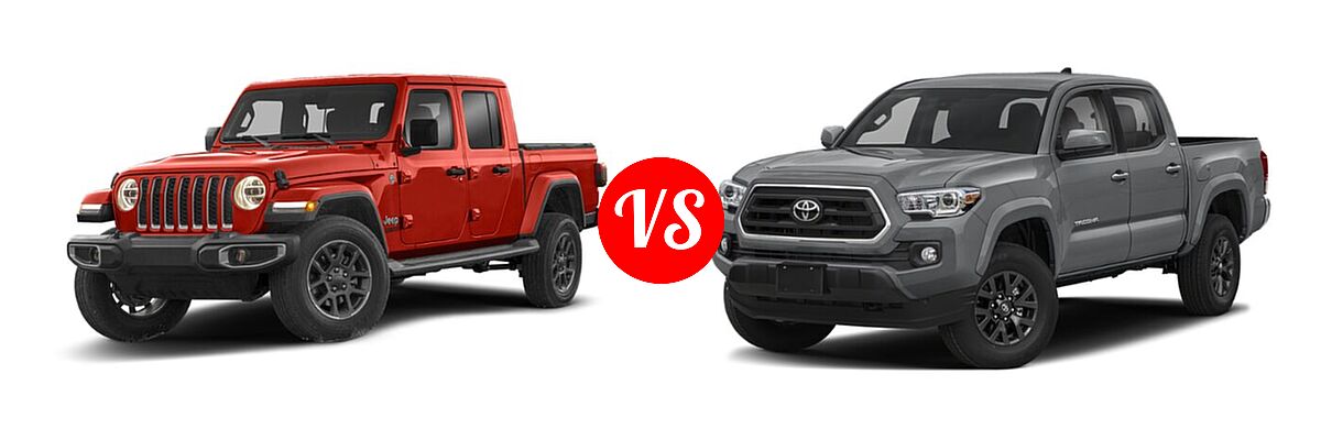 2022 Jeep Gladiator Pickup Altitude / High Altitude / Mojave / Overland / Rubicon / Sport / Sport S / Texas Trail / Willys / Willys Sport vs. 2022 Toyota Tacoma Pickup SR5 - Front Left Comparison