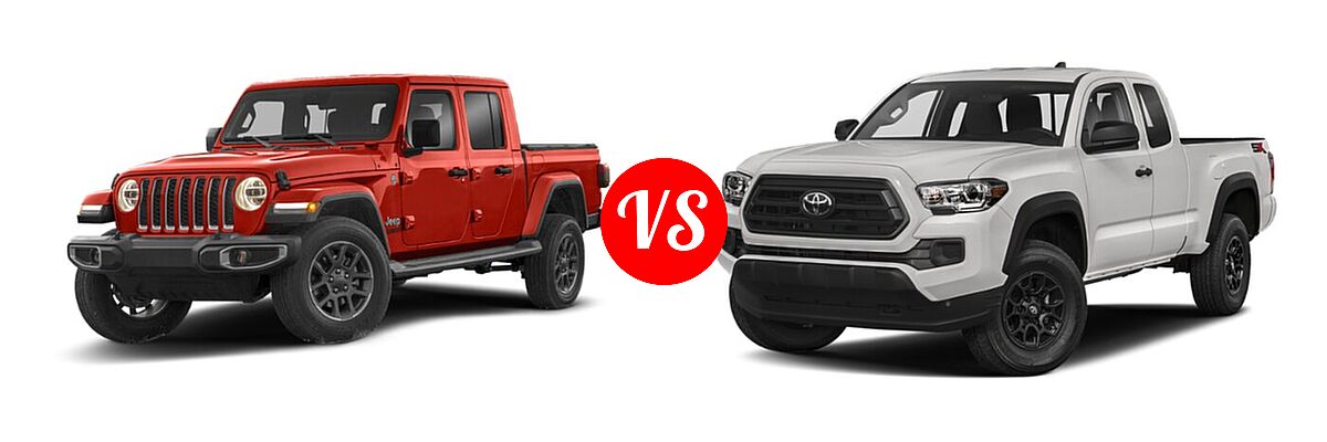 2022 Jeep Gladiator Pickup Altitude / High Altitude / Mojave / Overland / Rubicon / Sport / Sport S / Texas Trail / Willys / Willys Sport vs. 2022 Toyota Tacoma Pickup SR - Front Left Comparison