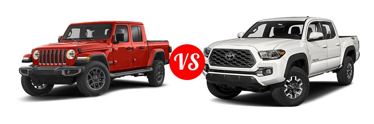 2022 Jeep Gladiator Pickup Altitude / High Altitude / Mojave / Overland / Rubicon / Sport / Sport S / Texas Trail / Willys / Willys Sport vs. 2022 Toyota Tacoma Pickup TRD Off Road - Front Left Comparison