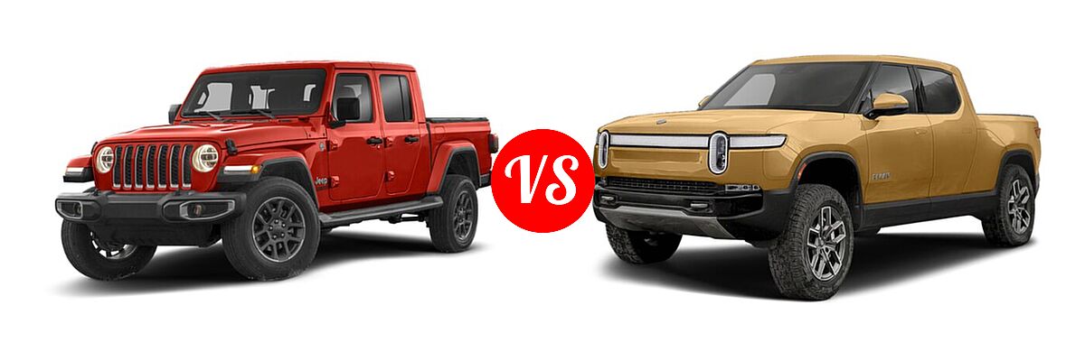 2022 Jeep Gladiator Pickup Altitude / High Altitude / Mojave / Overland / Rubicon / Sport / Sport S / Texas Trail / Willys / Willys Sport vs. 2022 Rivian R1T Pickup Electric Adventure Package / Explore Package / Launch Edition - Front Left Comparison