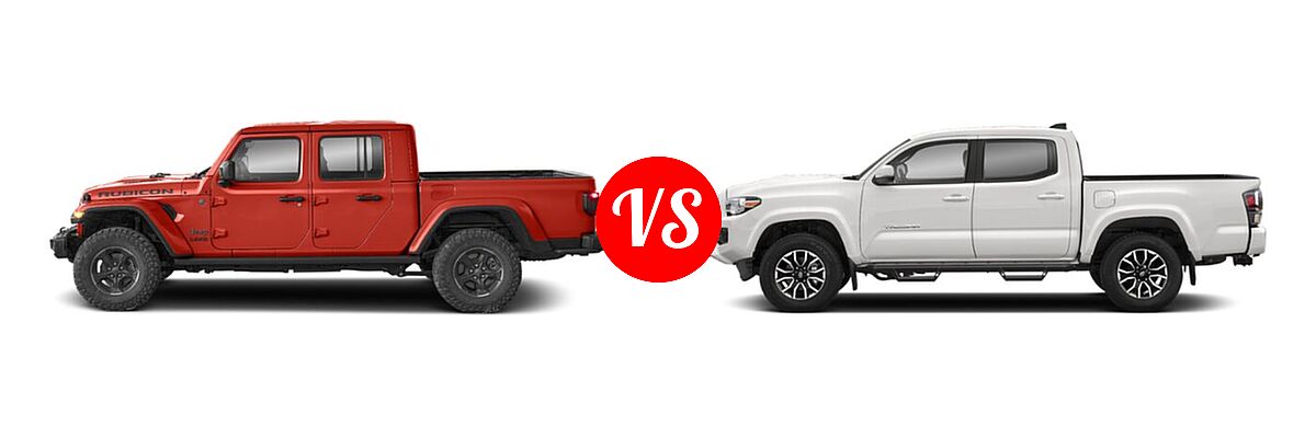 2022 Jeep Gladiator Pickup Altitude / High Altitude / Mojave / Overland / Rubicon / Sport / Sport S / Texas Trail / Willys / Willys Sport vs. 2022 Toyota Tacoma Pickup TRD Sport - Side Comparison