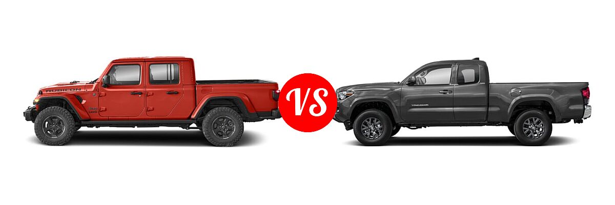 2022 Jeep Gladiator Pickup Altitude / High Altitude / Mojave / Overland / Rubicon / Sport / Sport S / Texas Trail / Willys / Willys Sport vs. 2022 Toyota Tacoma Pickup SR / SR5 / TRD Sport - Side Comparison