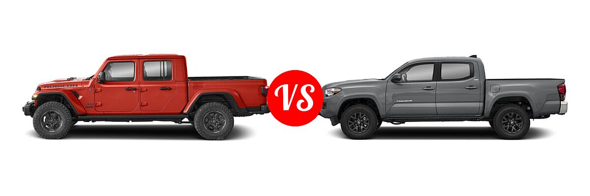 2022 Jeep Gladiator Pickup Altitude / High Altitude / Mojave / Overland / Rubicon / Sport / Sport S / Texas Trail / Willys / Willys Sport vs. 2022 Toyota Tacoma Pickup SR5 - Side Comparison